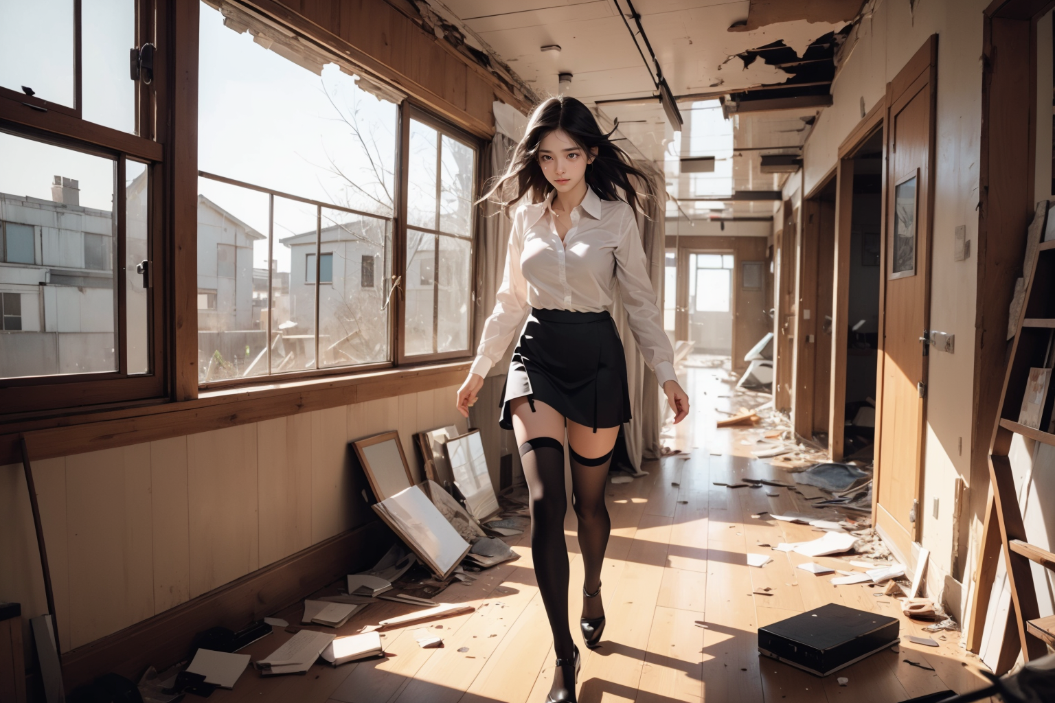 03722-1424234198-1girl,solo,serious,v-shaped eyebrows,sweat,sweatdrop,clenched teeth,_black hair,long hair,_BREAK__lora_escapeSchool_0.45_,school.png